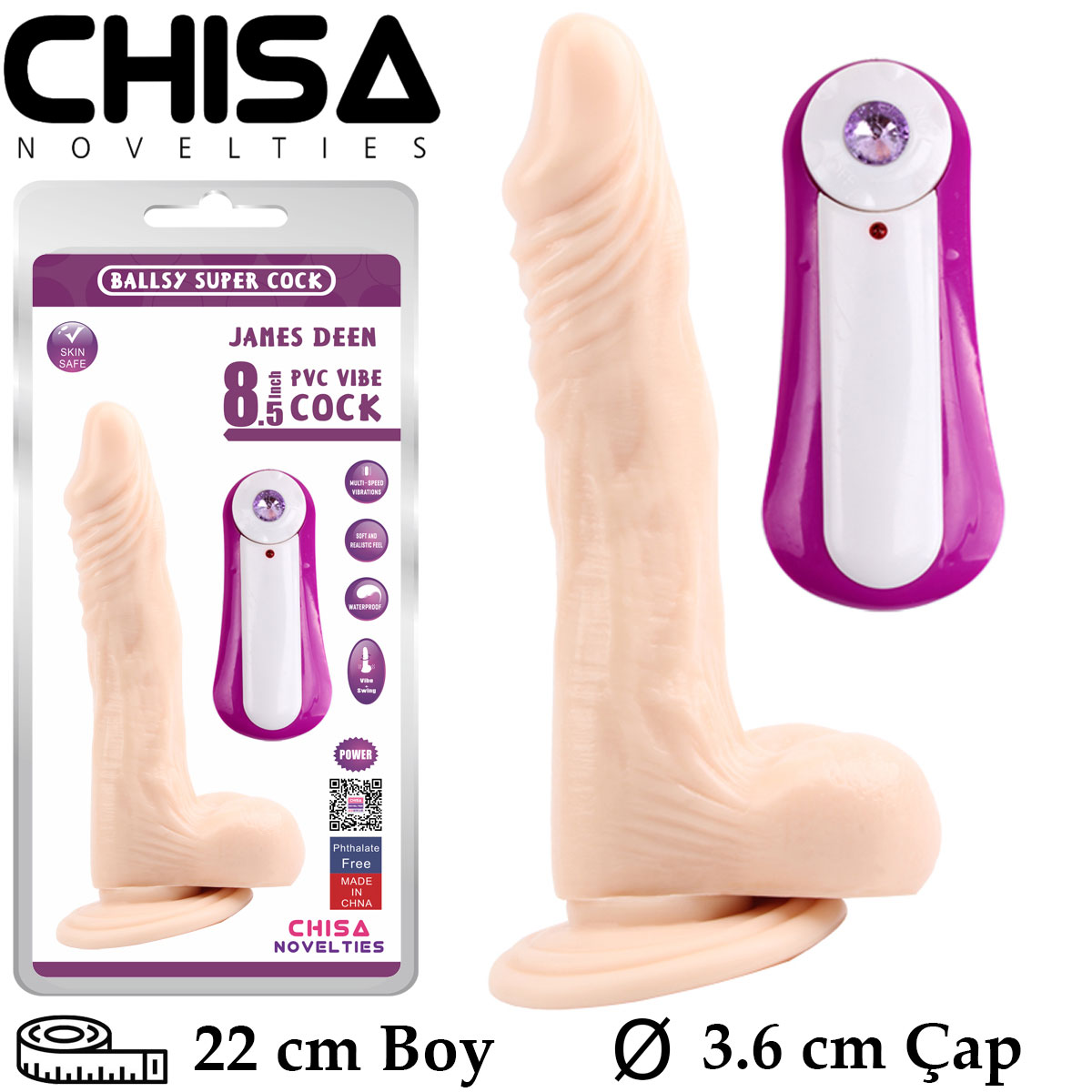 James Deen 21.5 cm Boy 3.6 cm ap Titreimli Vantuzlu Su Geirmez Gereki Yapay Kaln Penis C-CH7207