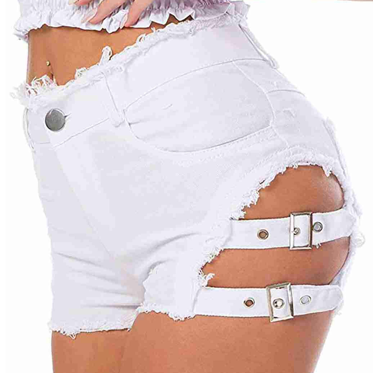 Yanlar Dekolteli Beyaz Denim Kot Short Mini MS2454-Beyaz